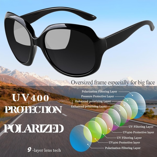 Polariserede solbriller til kvinder - Trendy overdimensionerede store solbriller til kørsel - Dame solbriller med UV-beskyttelse - Store solbriller black & White Black