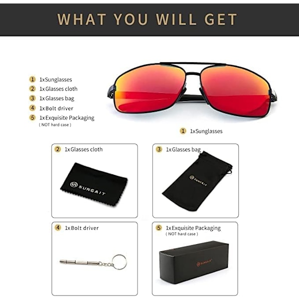 Ultra lette rektangulære polariserede solbriller UV400 beskyttelse Black Frame Red