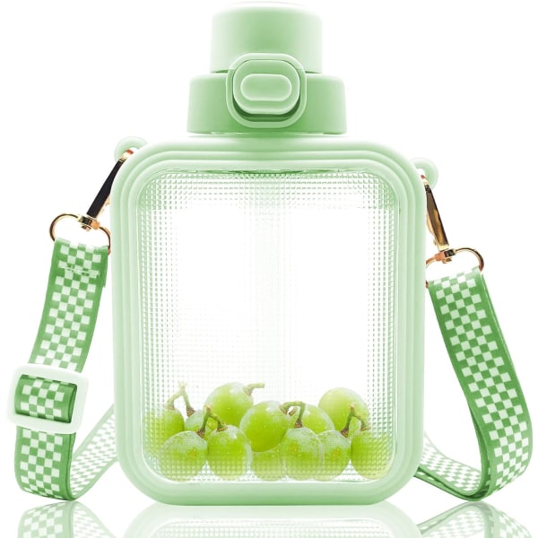 Kawaii vattenflaska, söta fyrkantiga vattenflaskor med sugrör och justerbar rem, sportflaska för kvinnor 750 ml (grön)