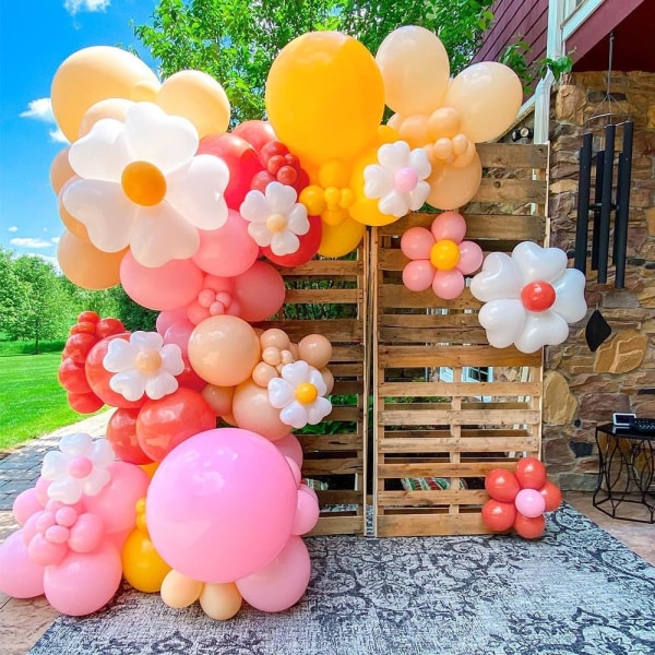 155 st Daisy Ballongbågsgirlang Kit Macaron Rosa Gul Retro Orange Vita Hjärtballonger med Plum Clip Daisy Forma Blomma för Två Groovy Party D