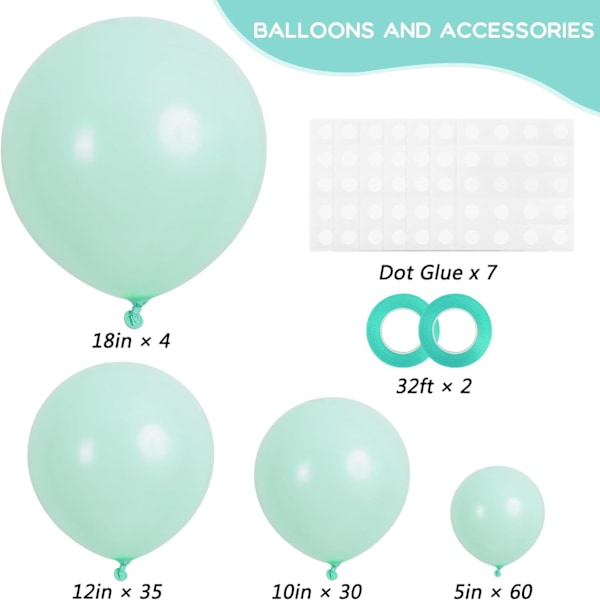 129stk Mintgrønne Ballonger Ulike Størrelser 18 12 10 5 Tommer Makani Blå Ballongbue Girlandersett, Pastell Mintgrønne Ballonger Til Bursdag Baby Shower Makani Blue