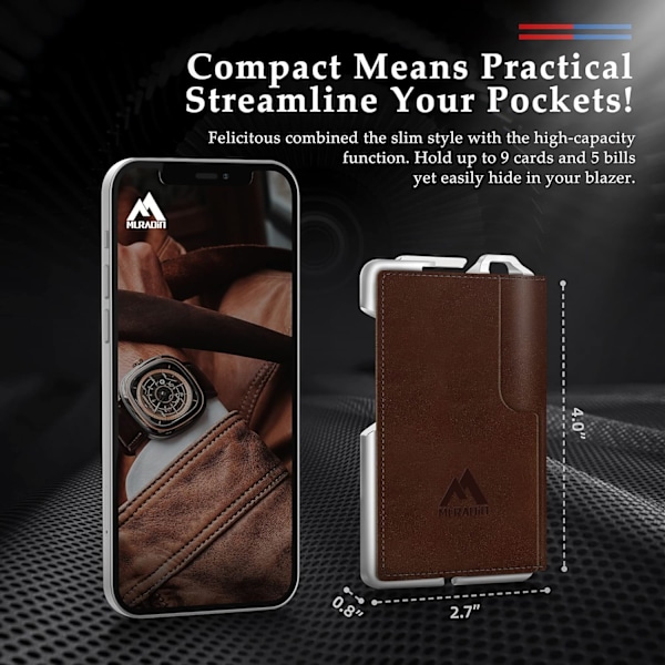 Taktisk minimalistisk plånbok för män, smal RFID-blockerande metallkortfodral, främre ficka herr läder Dapper Bifold plånbok med pengaclip Brown