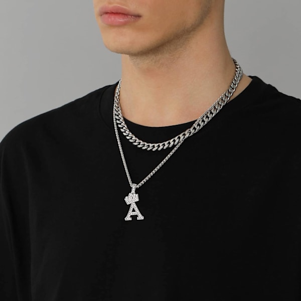 Krone Initial A-Z Halskjede, Iced Out Bokstavanheng med 22-24 Tommers Kjede, Menn Kvinner Bling Hip Hop Alfabet Navn Smykker Gave Store Initialer Halskjeder A Silver