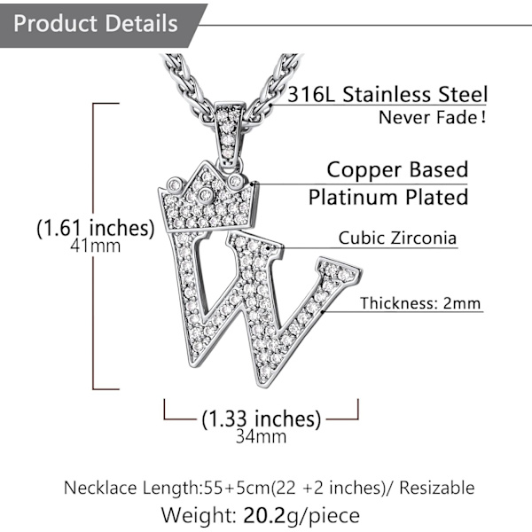 Krone Initial A-Z Halskjede, Iced Out Bokstavanheng med 22-24 Tommers Kjede, Menn Kvinner Bling Hip Hop Alfabet Navn Smykker Gave Store Initialer Halskjeder W Silver