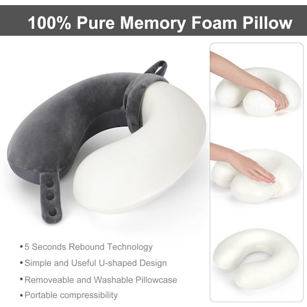 Rejse nakkepude, bedste memory foam flypude til hovedstøtte blød justerbar pude til fly, bil og hjemmets lænestol brug (grå) Grey