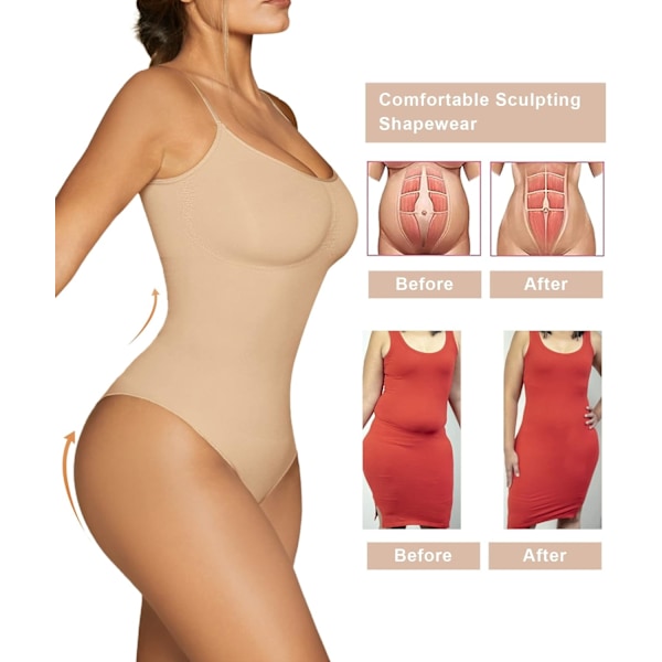 Kvindernes Shapewear Bodystocking Mavekontrol Body Shaper Sømløs Skulptur Snatched Waist Body Suit Beige Thong L