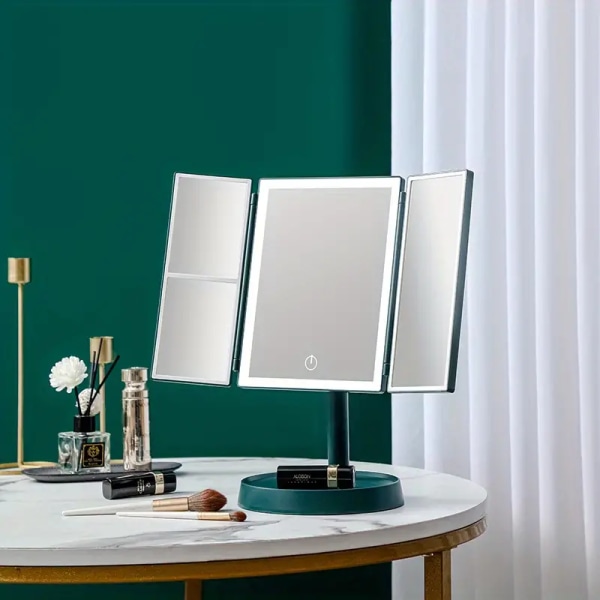 Trefaldig belyst sminkspegel med 3x/2x förstoring, LED 3 färgljus bänkskiva sminkspegel, resevikbar sminkspegel dampresent