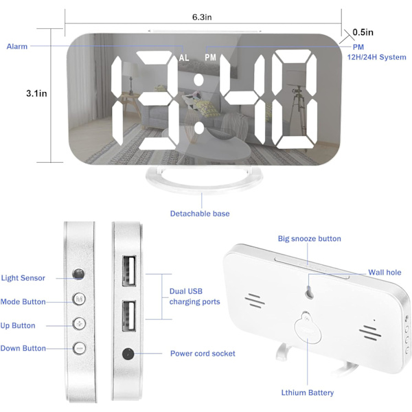 Digital väckarklocka, 6,6\" stor spegel LED-klocka med dubbla USB-laddningsportar | Enkel snooze-funktion | 3 justerbar ljusstyrka lämplig för sovrum White