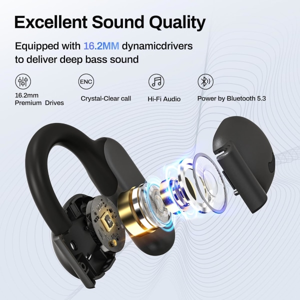 Åpne øre-hodetelefoner Bluetooth 5.3, True Wireless Open Ear Earbuds ENC Clear Talk med 16,2 mm dynamiske drivere 45 timer spilletid Trådløse ørepropper Langvarig Black