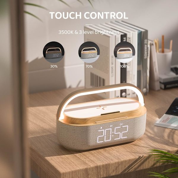 Bluetooth-høyttaler vekkerklokke med trådløs lader, LED-nattlys, 2500 mAh batteri - for soverom, hjem