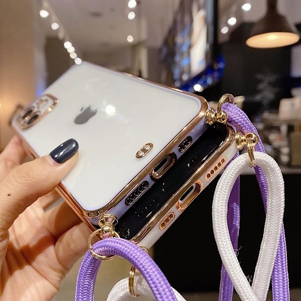 Crossbody-fodral för iPhone 13 Pro, transparent skal med guldkant och snodd, mjukt TPU, reptåligt och stöttåligt