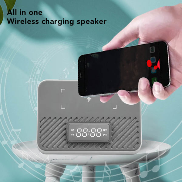 Langaton latausasema 15W 3 in 1 Langaton puhelimen laturi Bluetooth-kaiuttimella Digitaalinen herätyskello White