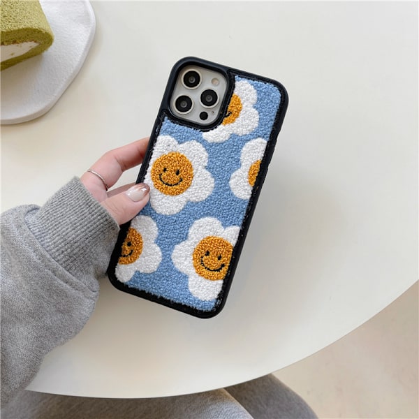 Sött Blomsterbroderi Fodral Kompatibelt med iPhone 11 Smiley Face Mönster Vinter Mjukt Stötsäkert Baksida för iPhone