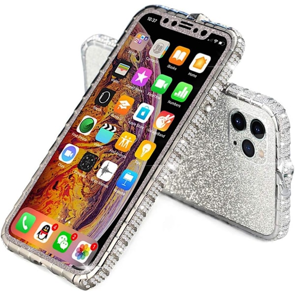 iPhone 13 Pro Max -puhelimelle tarkoitettu naisten timantti- ja strassikotelo, jossa on kiiltävä metallipuskurin reunakotelo (hopea)