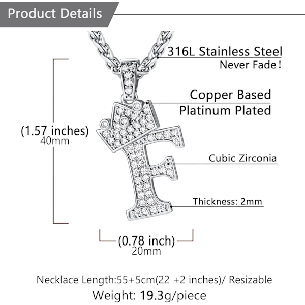 Krone Initial A-Z Halskjede, Iced Out Bokstavanheng med 22-24 Tommers Kjede, Menn Kvinner Bling Hip Hop Alfabet Navn Smykker Gave Store Initialer Halskjeder F Silver