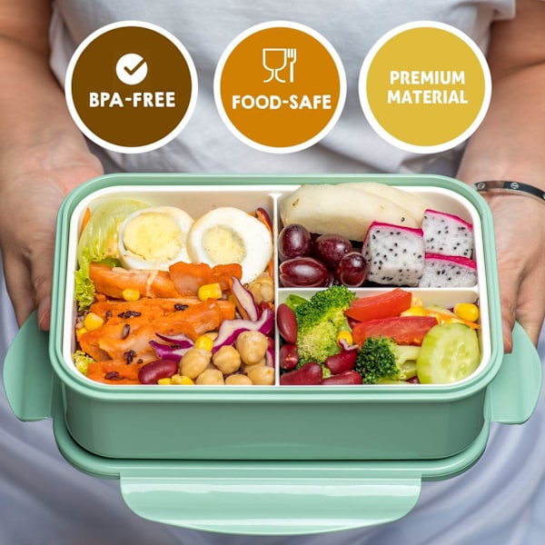 Lounasrasia aikuisille ja lapsille - 3 lokeroa, BPA-vapaa, mikroaaltouunin/astianpesukoneen kestävä aterinsetillä - kannettava mukaan otettava ruoka-astia green