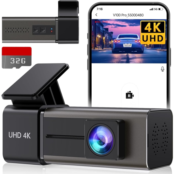 Dash Cam 4K WiFi Front Dash Camera för bilar, bilkamera Mini Dashcams med app, instrumentbrädekamera med 24H parkeringsläge, nattseende, loopinspelning,