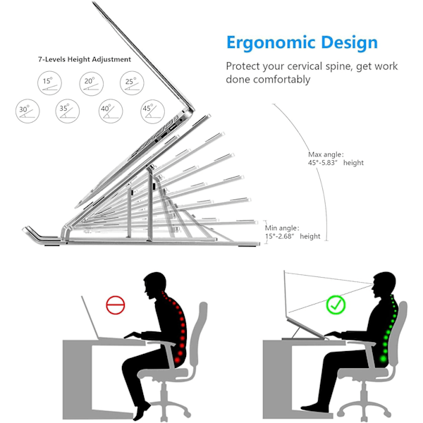 Ergonominen säädettävä kannettavan tietokoneen teline parempaan ryhtiin ja jäähdytykseen, kokoontaitettava ja kannettava, sopii useimpiin 10–15,6 tuuman kannettaviin tietokoneisiin ja tabletteihin, Per Silver