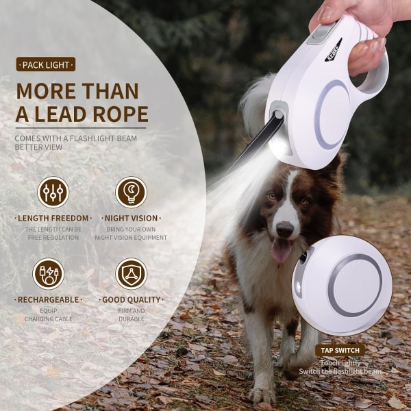Retrekkbar hundeleie med LED-lys for mellomstore og store hunder - 6 meter, opptil 50 kg, Type-C-lading, kjæledyrleie, flokefri, sklisikkert håndtak, på White with lights Medium to Large
