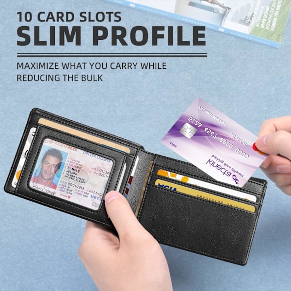 Herr-Plånbok-Smal-Läder-RFID-Blockerings Plånbok för Män Minimalistisk Bifold Kreditkortshållare med Presentask Classic Black