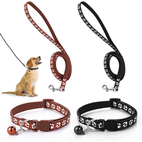 Halsband och koppel set för hundvalp, katt kattunge, justerbart hundhalsband för bil med koppel, hållbart träningsrep med snabbspänne för små hundar Black Brown