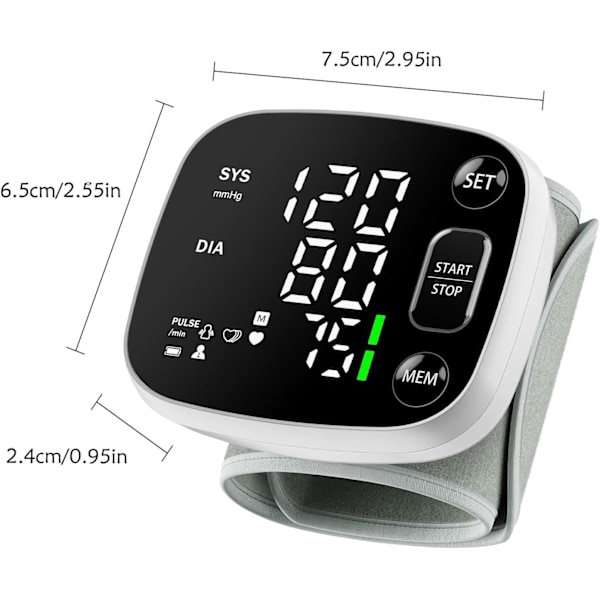 Blodtrycksmätare för hemmet Uppladdningsbar blodtrycksmanschett Handledd Digital BP-maskin med LED-bakgrundsbelyst display, röstmeddelande, 240 minne