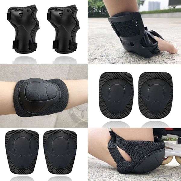 Barn Sport Skyddsutrustning Set, 6PCS handledsskydd knä armbågsskydd för barn skydd skateboard åkning-Svart