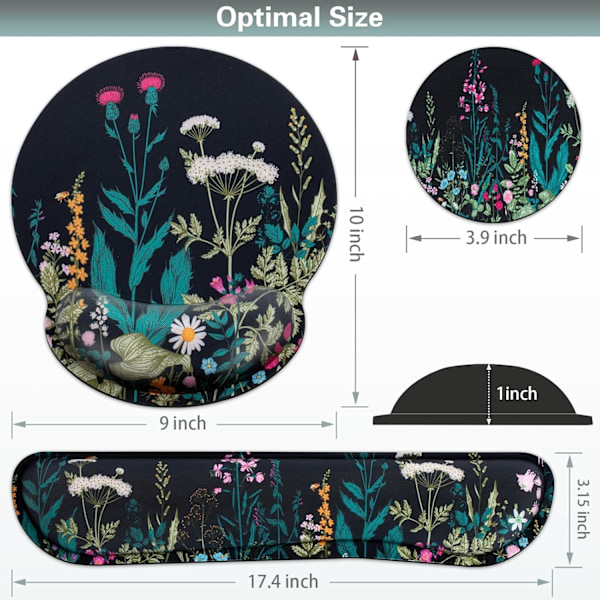 3-i-1 Ergonomisk musmatta med handledsstöd, halkfri spelyta & tangentbordsstöd, blommor & växter Flowers & Plants
