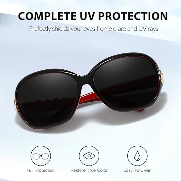 Polariserade solglasögon för kvinnor, trendiga överdimensionerade solglasögon mode dam solskydd anti-bländning UV400-skydd Black Red Frame Grey Lens