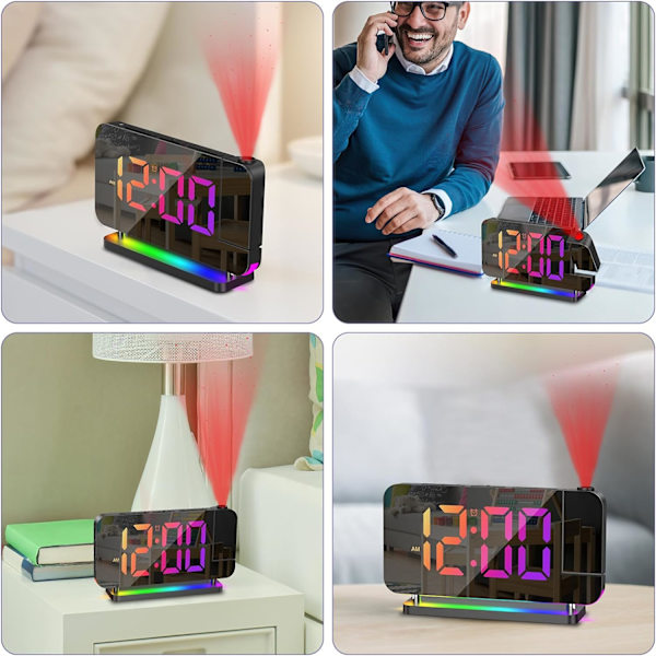 Projektionsväckarklocka, 7-tums RGB digital väckarklocka med 10 färgers nattlampa, digitala klockor Projektion på takvägg 180° roterbar, 6-nivåers Br Black
