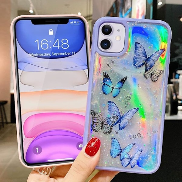 Girly Skal Kompatibelt med iPhone 12 Skal iPhone 12 Pro Skal Sött Iridescent Fjärilsdesign Laser Bling Glitterstjärnor för Tjejer Wo