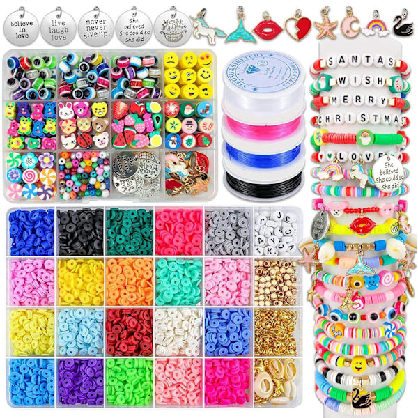 Lera Pärlor Armband Tillverkning Kit, Platta Runda 6mm Lera Pärlor för Smycken Tillverkning med Hänge Charms Kit, Konst Hantverk Presentset för Flickor i Åldrarna 3 4 5 6 7 8 9