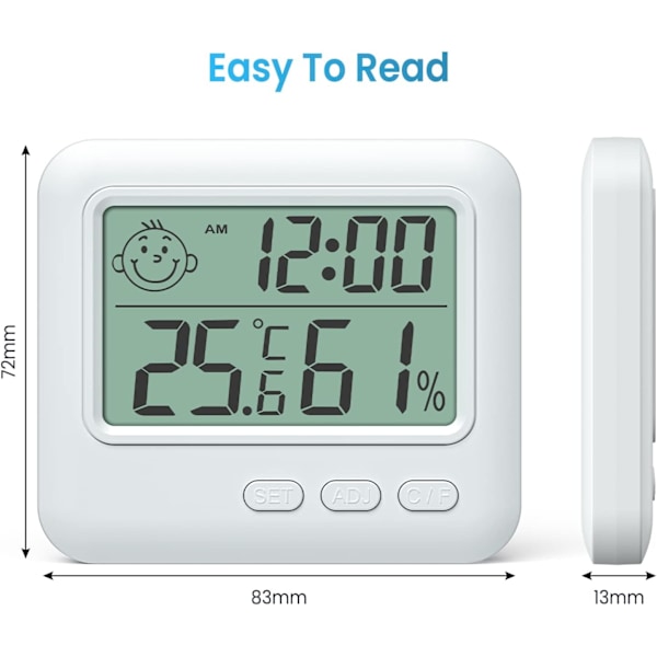 Sisätilojen digitaalinen lämpömittari, tarkka huonelämpötilan mittari, kosteusmittari herätyskellolla, ilmankosteusindikaattorilla, LCD-näyttö kotiin