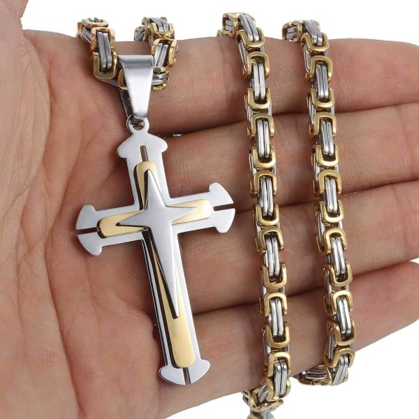 Kors vedhæng halskæde mænd drenge rustfrit stål guld sølv byzantinsk kæde 22 24 26 28 30 tommer 24inch Gold Silver Tone