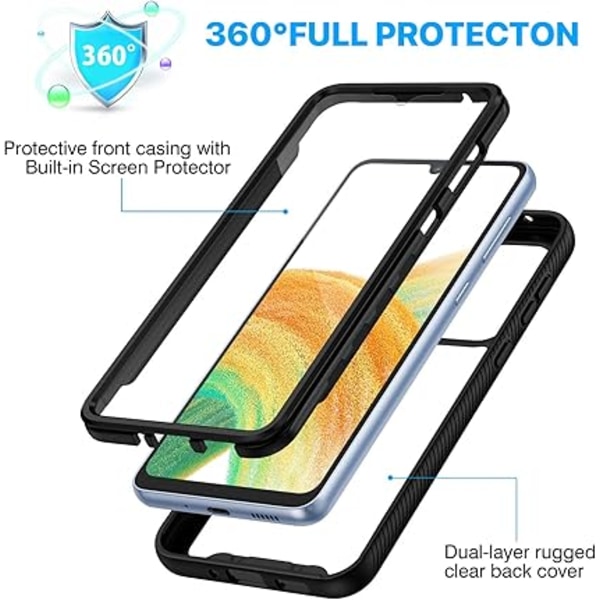 Samsung A33 5G Skal, 360 Fullständigt Stötsäkert Skydd med Inbyggt Skärmskydd Klar Stötfångare Skyddsfodral Militärklassat Skydd