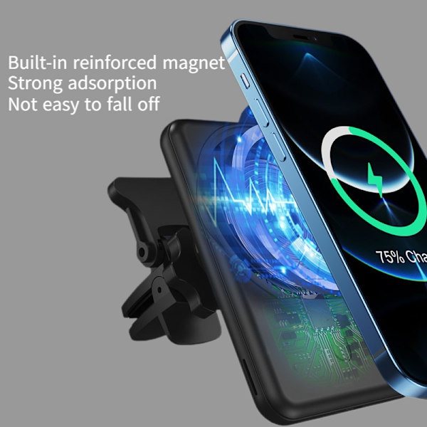 Magnetisk Beskyttelsesetui 15 W Trådløs Magnetisk Biltelefonoplader - Magnetisk Bilholder (Ingen Opladning) - Sort (Et Sæt)