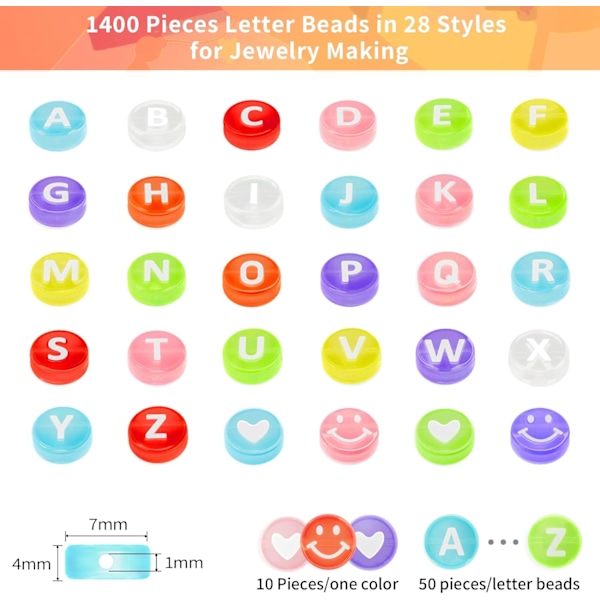 1400 kappaletta kirjainhelmiä ystävyysrannekkeiden ja korujen valmistussarjaan, 28 kuviota ja 8 väriä aakkoshelmiä, valikoima helmiä teini-ikäisille tytöille Multicolor Letter Transparent Bead