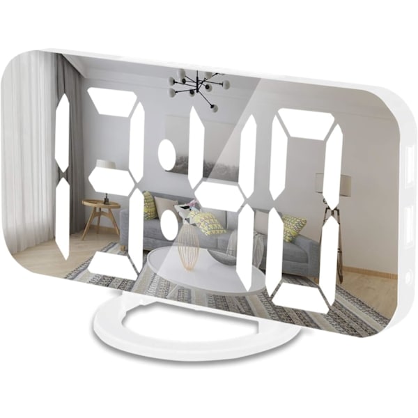 Digital väckarklocka, 6,6\" stor spegel LED-klocka med dubbla USB-laddningsportar | Enkel snooze-funktion | 3 justerbar ljusstyrka lämplig för sovrum White