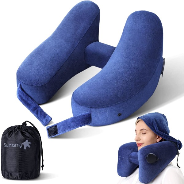 Nackkudde för resor Uppblåsbar flygplansdyna Stöder bekvämt huvud, nacke och haka, uppblåsbar resedyna med mjuk velouröverdrag, hatt, bärbar Blue with Hat