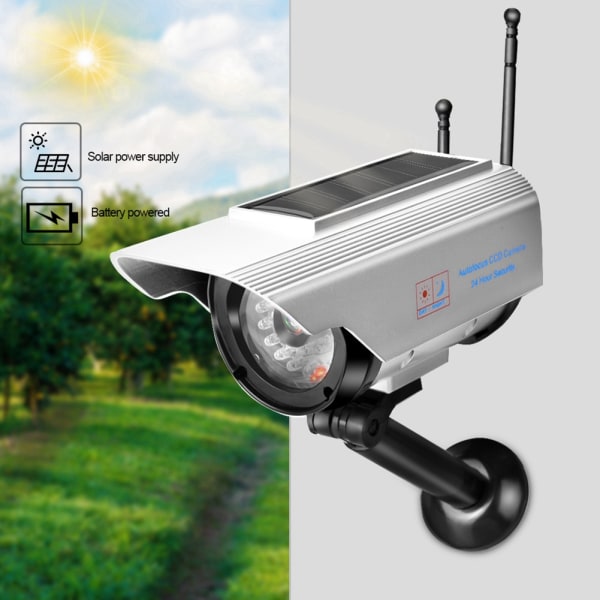 Solar Power LED falsk kamera udendørs sikkerhedsovervågning sølv dummy kamera