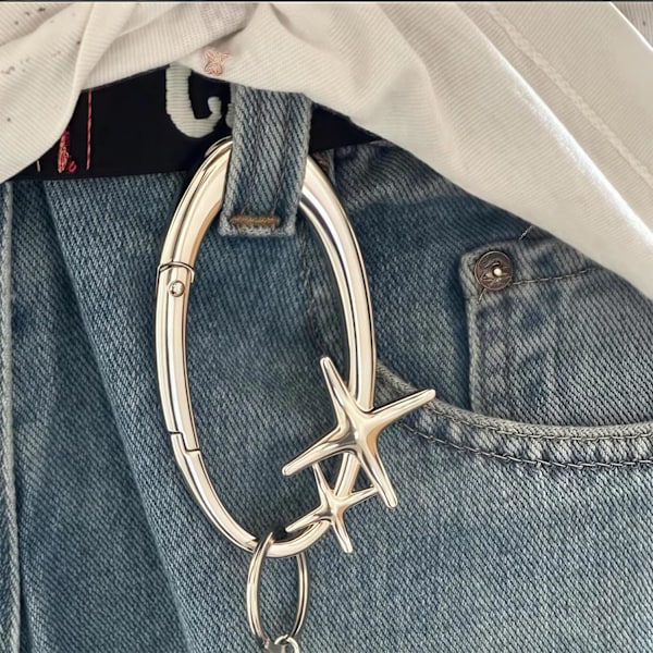 Starlight Y2K Metall Karbinhake Set: Tungt Glänsande Bältesögla Tillbehör Bälte & Stjärna Silver Matt Krom Nyckelring - Trendig Gåva för Y2K En Silver