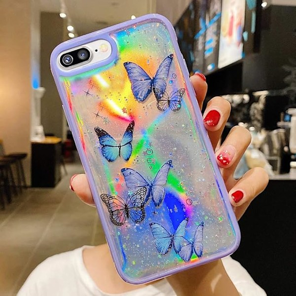 Girly Skal Kompatibelt med iPhone SE 2020 Skal iPhone 8 iPhone 7 Skal Sött Iridescent Fjärilsdesign Laser Bling Glitterstjärnor för