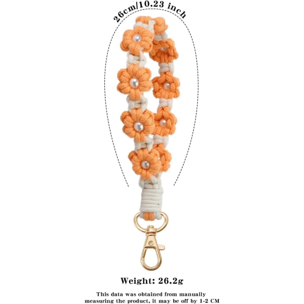 Macrame nyckelring handgjord handledsrem nyckel handledsband för nycklar söt blomma nyckelring nyckelring för kvinnor Pearl orange