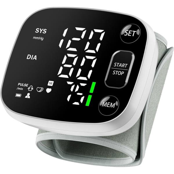 Blodtrycksmätare för hemmet Uppladdningsbar blodtrycksmanschett Handledd Digital BP-maskin med LED-bakgrundsbelyst display, röstmeddelande, 240 minne
