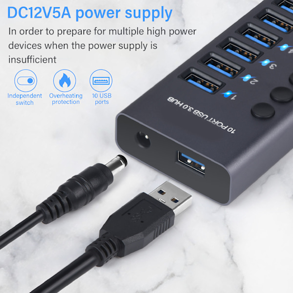 10-porters 60W USB 3.0-hub med individuelle strømbrytere LED-er i aluminiumlegering USB 3.0-dokkingstasjon 60W 12V 5A strømadapter 100-240V EU-plugg