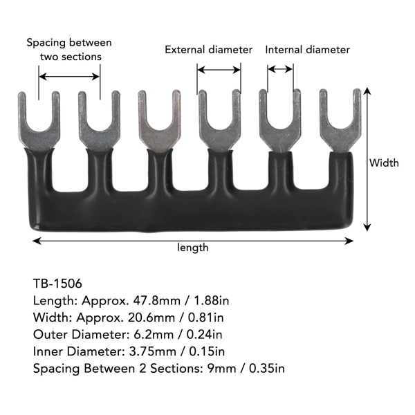 10 stk Jumper Block Terminal Strip Kobber Leder PVC Shell Gaffel Type Terminal Strip Svart 400V 15A TB 1506