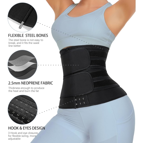 Neopren Taljetræner til Kvinder Slankning Body Shaper Talje Trimmer Cincher Svedbælte Black Double Belt With Hook XXL