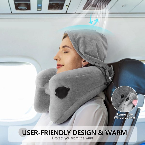 Nackkudde för resor Uppblåsbar flygplansdyna Stöder bekvämt huvud, nacke och haka, uppblåsbar resedyna med mjuk velouröverdrag, hatt, bärbar Comfort Grey with Hat