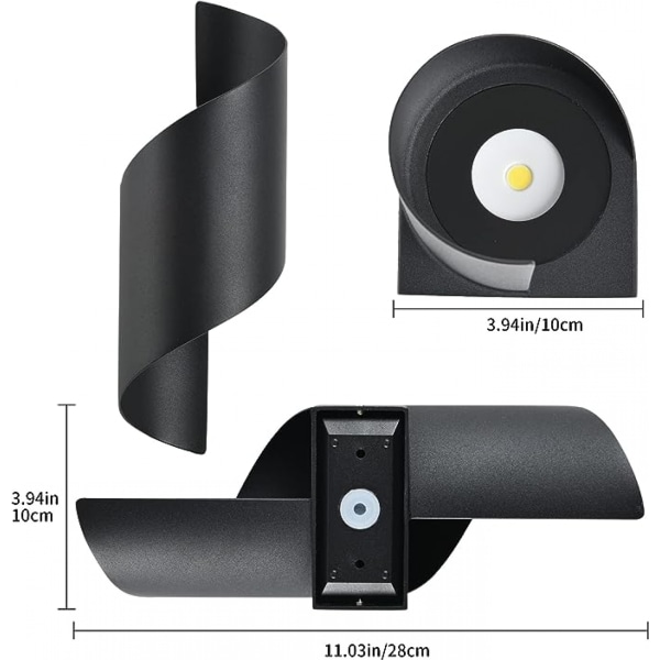 LED indendørs/udendørs væglampe, 10W 3000K varm hvid lampe, moderne op-ned-lys, IP65 vandtæt belysning, metalspiral til bar, soveværelse, sort