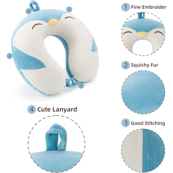 Nakkepude til rejser, ren memory foam rejse nakkestøttepuder til fly, bilhovedstøtte søvn - Børn fra 8 år og opefter, herunder voksne, pingvin Penguin
